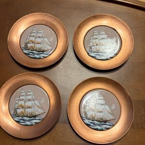Set of 4 Vintage 3.75” Copperware Sailboat coasters. Made in Canada.